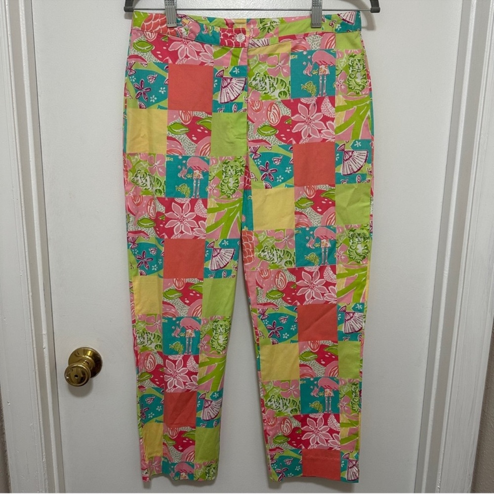 Lilly Pulitzer Patchwork Vintage White Tag Flamingo Capris Pink Blue YellowGreen